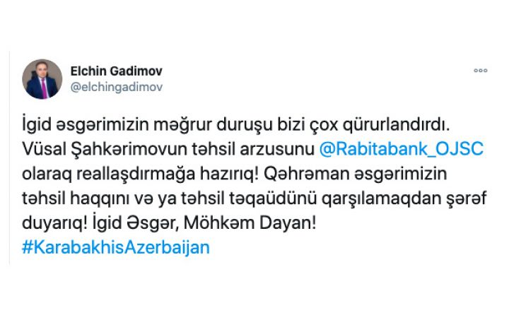 “Rabitəbank” məşhur topçu əsgərimizin təhsil haqqını qarşılayacaq